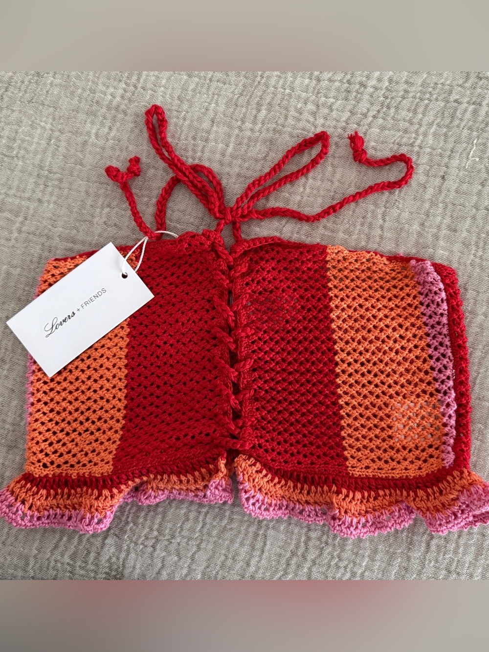 Lovers + Friends Striped Crochet Lace-Up Crop Top in Red, Orange & Pink